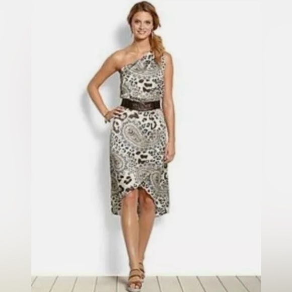 Tommy Bahama Cub One Shoulder Dress Cream 12 Leopard Animal Print Paisley Maxi - Picture 1 of 14